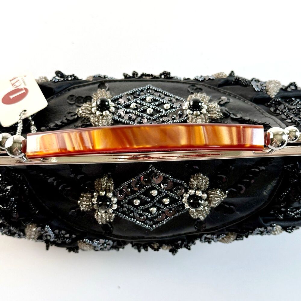 LEXI Int'l Black Satin Sequin Beaded Tortoise Handled Evening Clutch Purse Retro - Picture 6 of 13